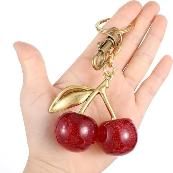 Glitter Cherry Bag Charm with Key Ring and Clip – Sparkling Resin & Metal Accent - Picture 1 of 4